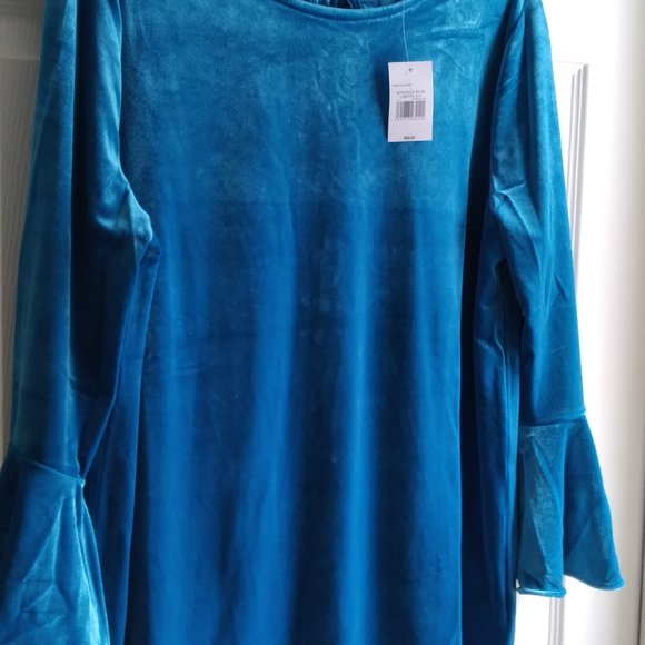 THE LIMITED Size L Mykonos BLUE Velvet Bell Sleeve Keyhole Tie Back Blouse ~New - Picture 1 of 12